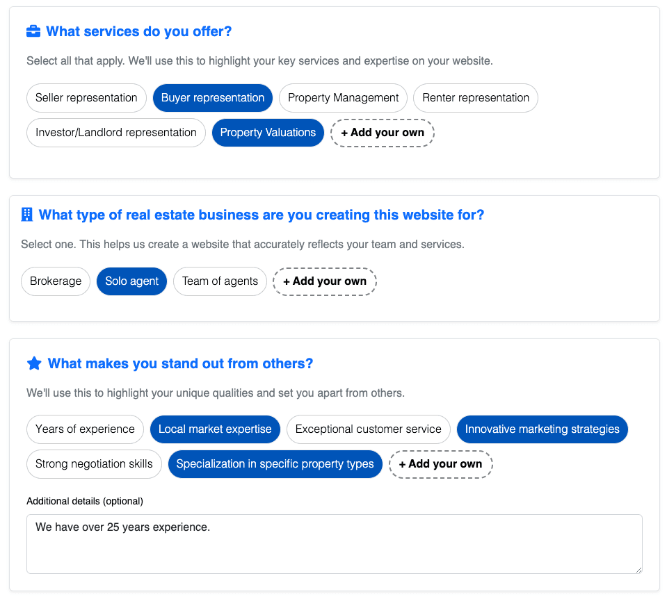 Form for entering details about your business to create a ListingAI website