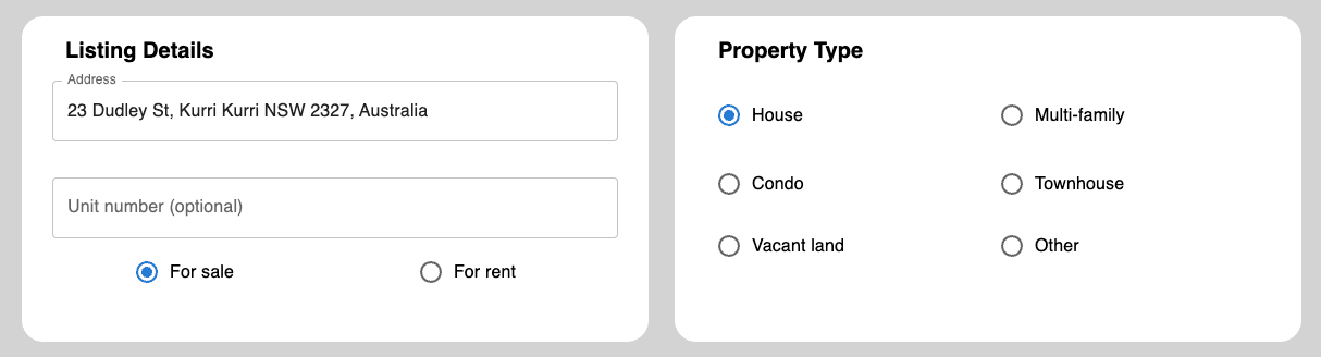 Listing type and location