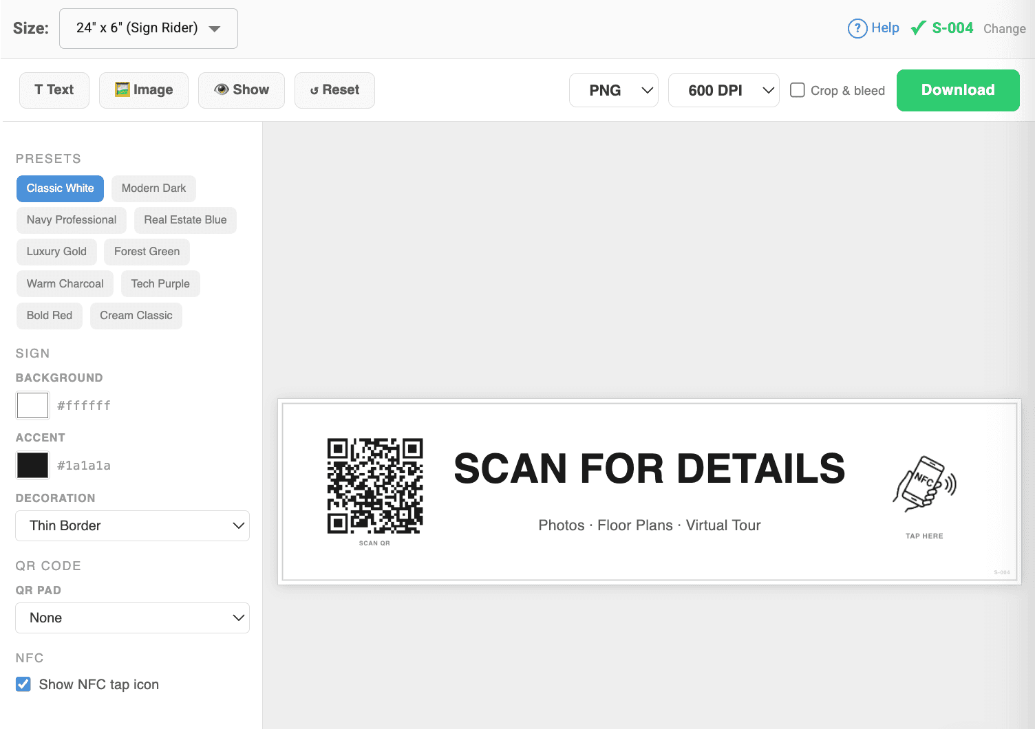 ListingAI sign rider editor showing presets and customization options