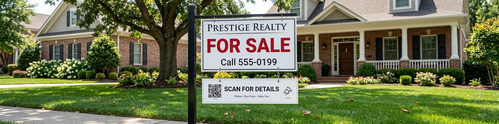 Smart sign rider hanging below a For Sale sign in front of a home