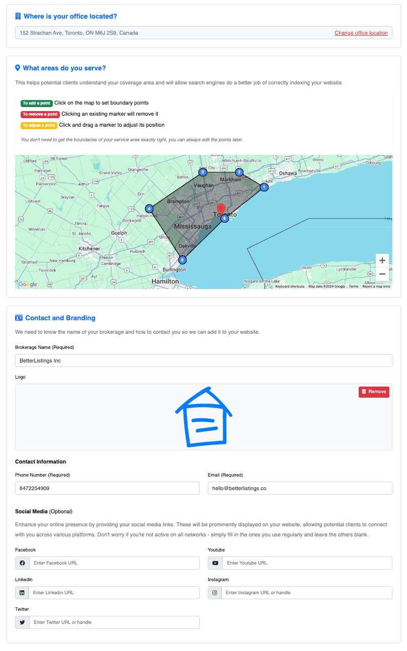 Form for entering details to brand your ListingAI website