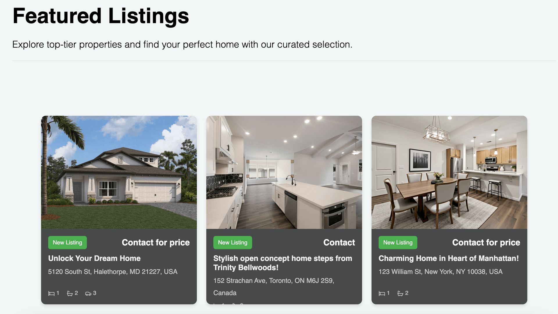 Example listings page for a real estate website