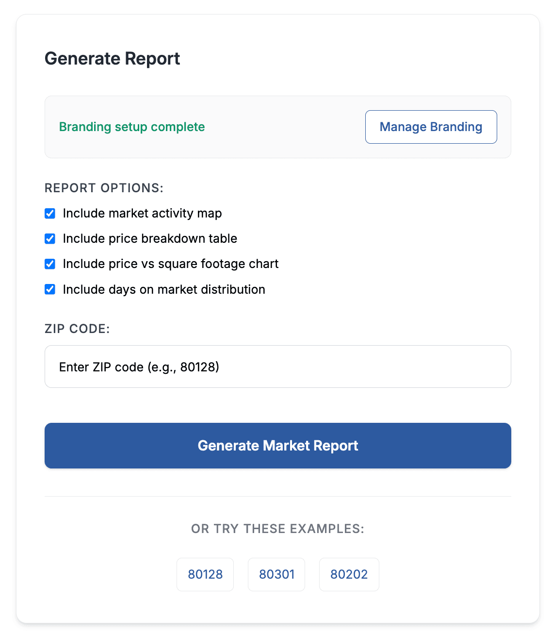 Market Report Setup Interface