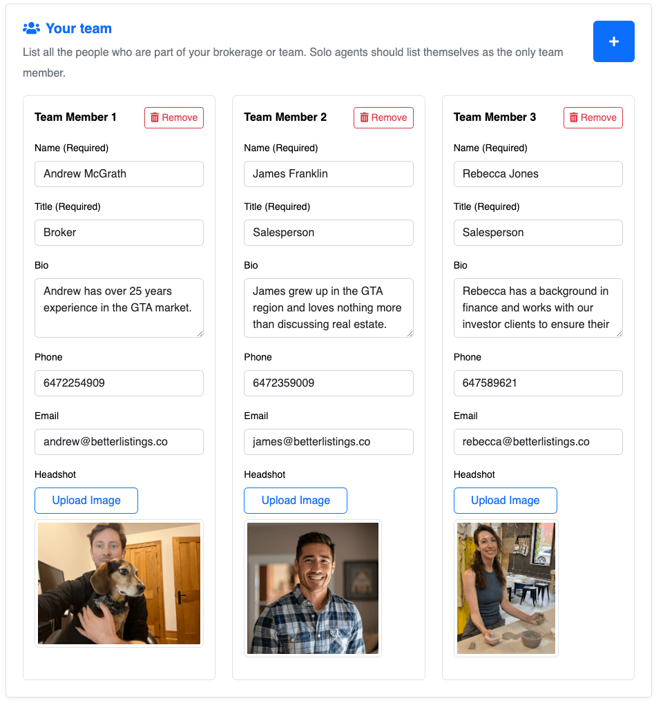 Form for entering details about your team to create a ListingAI website