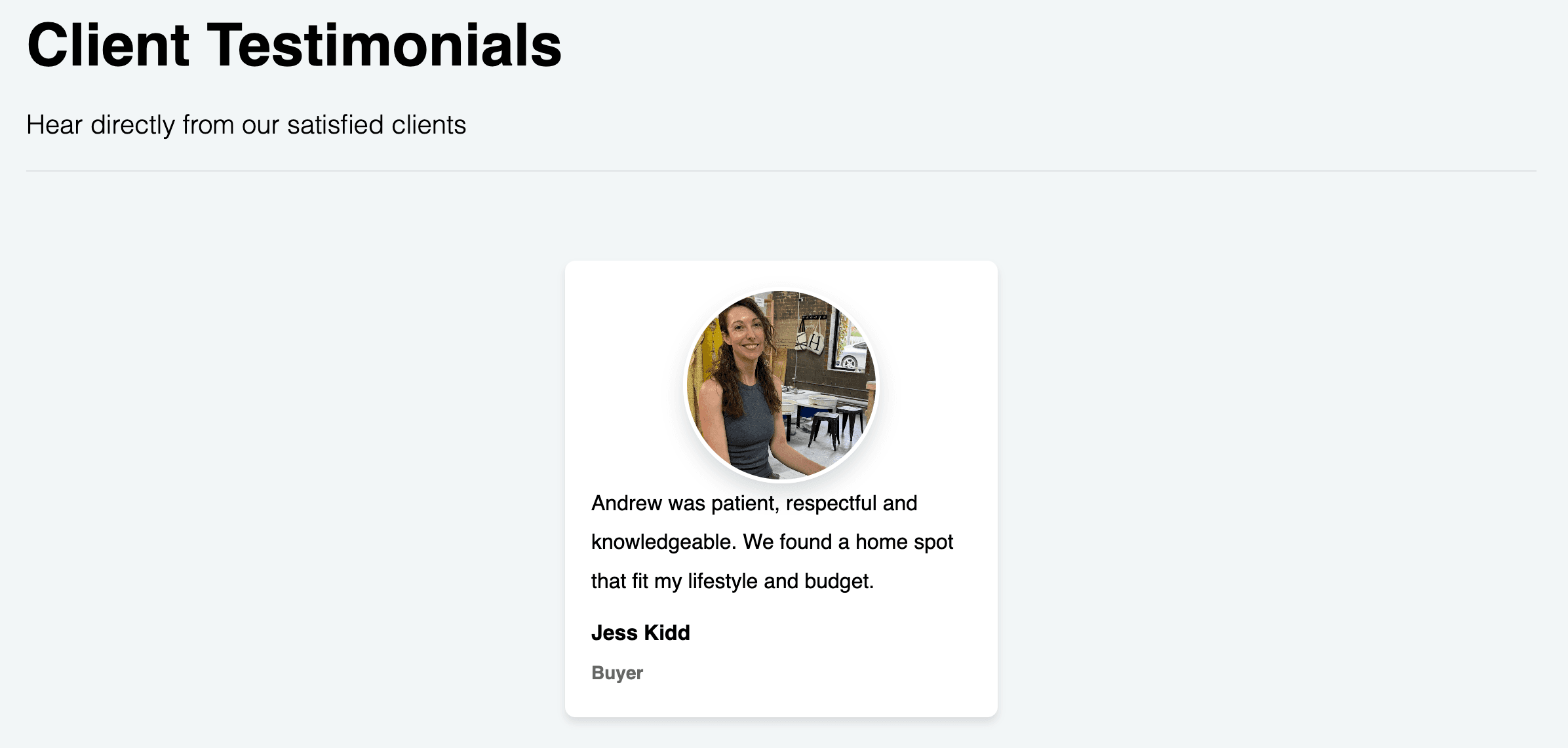 Example testimonials page for a real estate website