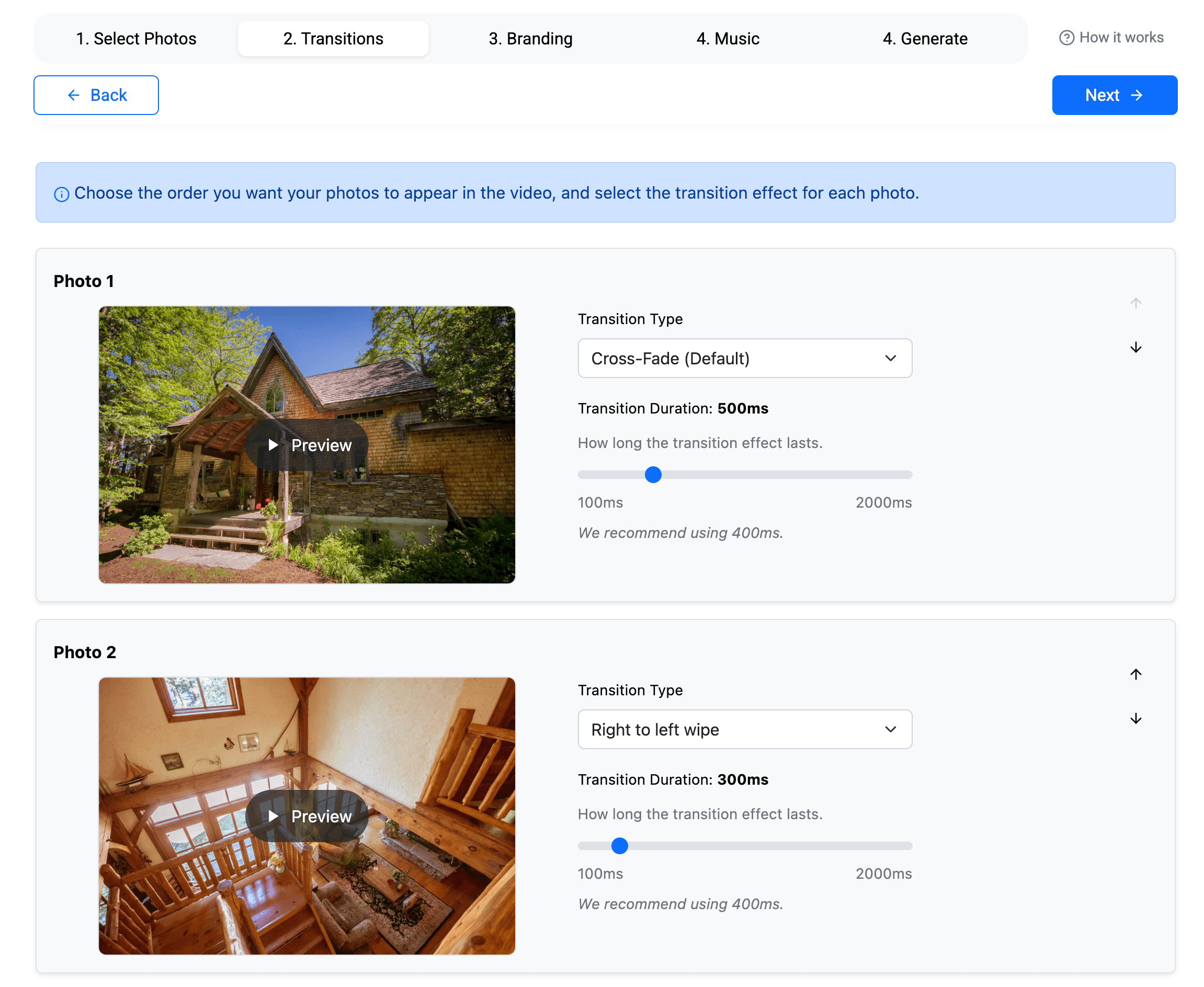 Ordering photos and selecting transitions