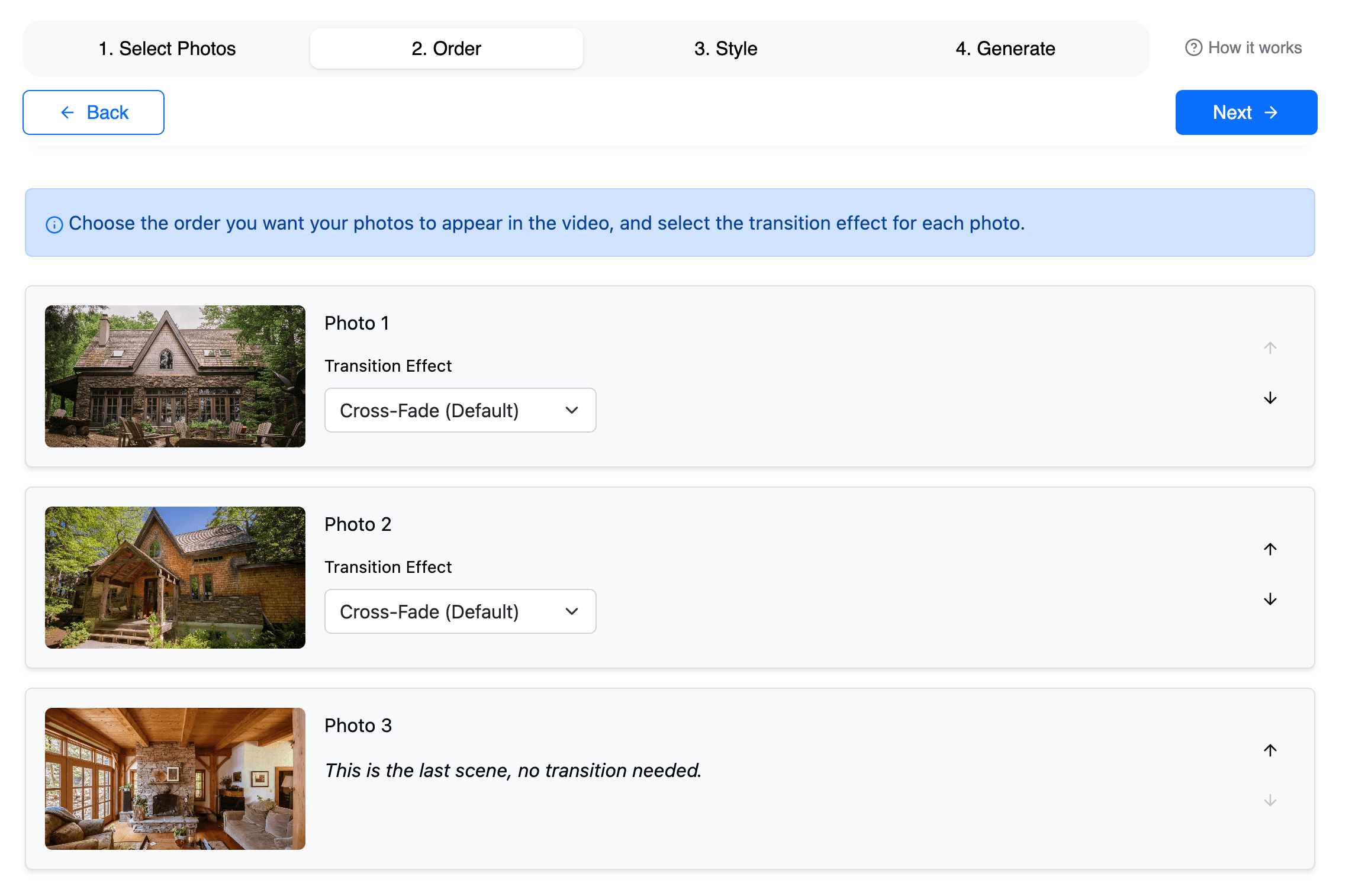 Ordering photos and selecting transitions