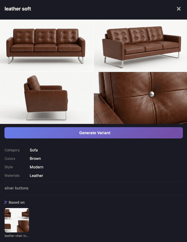 Custom brown leather tufted sofa in the furniture library
