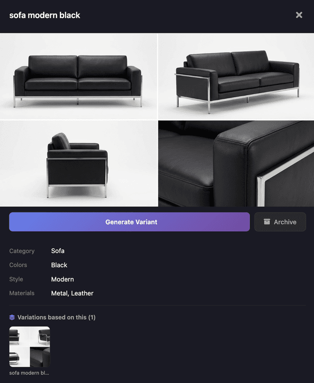 Custom black leather sofa shown from several angles