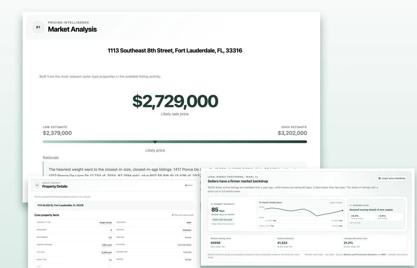 ListingAI CMA with a weighted pricing recommendation and local market context