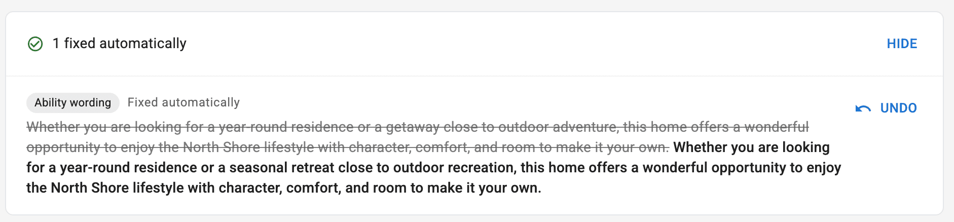 The compliance summary on a listing: one flag fixed automatically, expanded to show the before and after wording with an Undo button