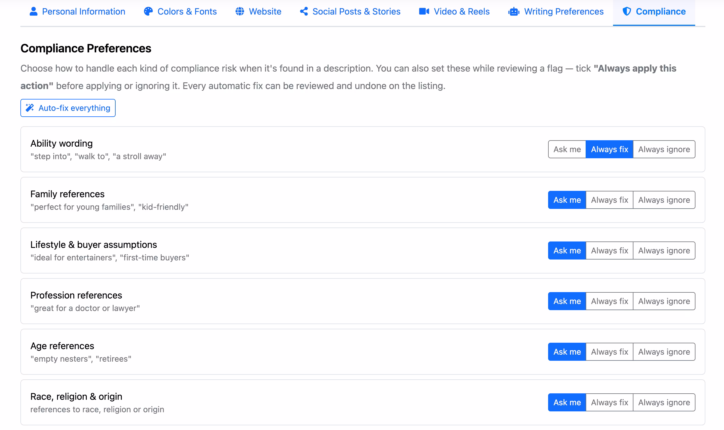 The Compliance tab on a branding profile: each risk category with Ask me, Always fix, or Always ignore