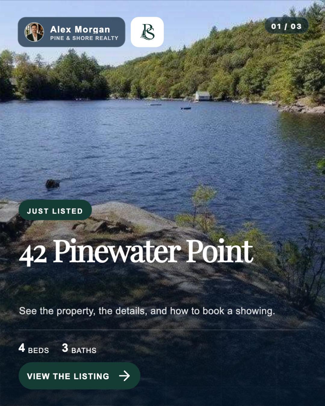 Just listed social post for 42 Pinewater Point