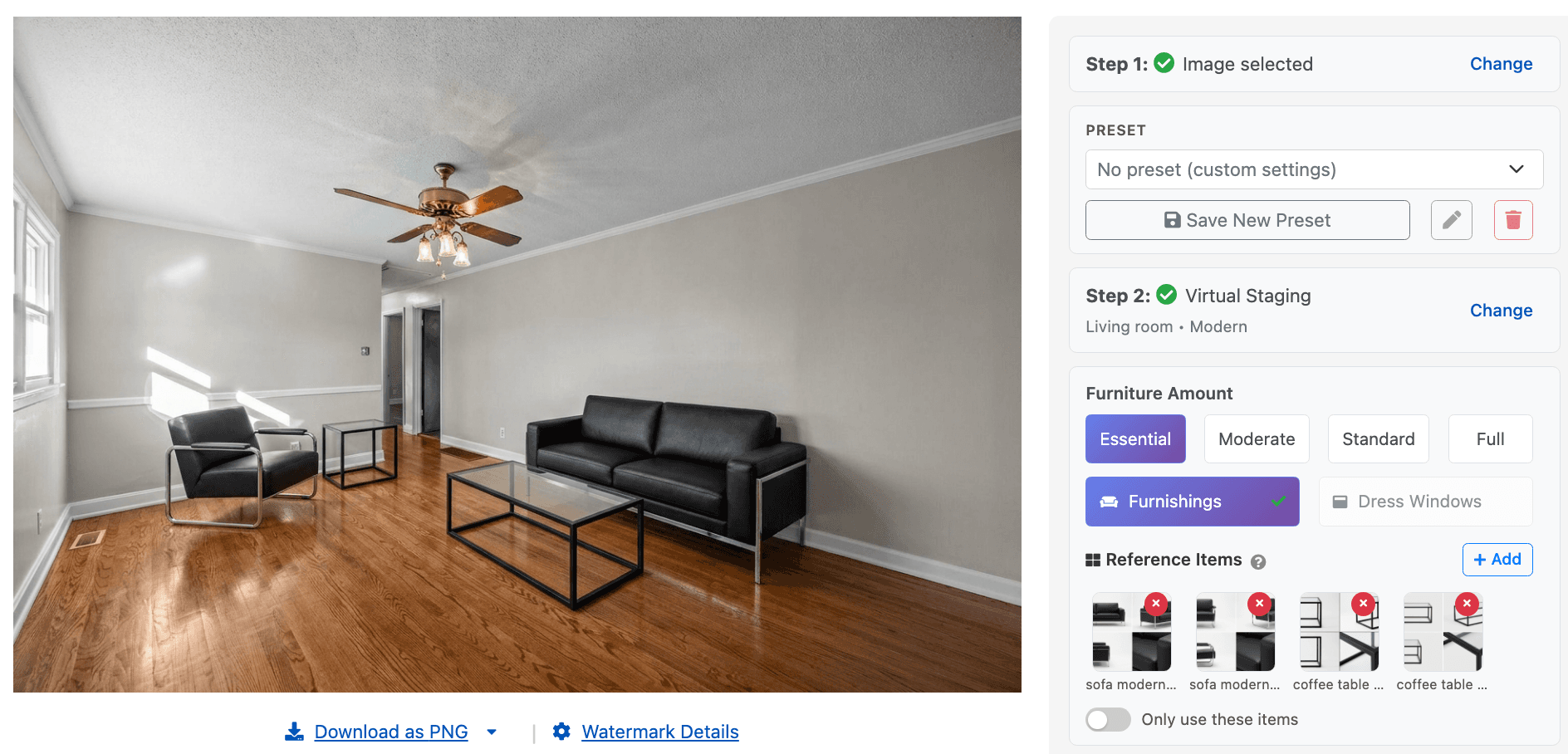 Room staged with custom furniture pieces