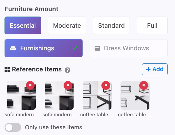 Reference items selected for staging session