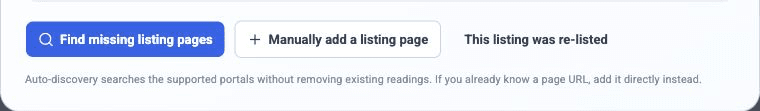 Buttons for finding missing listing pages, manually adding a page, and marking a listing as re-listed