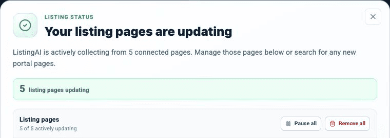 The ListingAI listing page manager showing connected pages and bulk controls