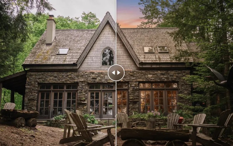 Daylight exterior and virtual twilight result shown side by side