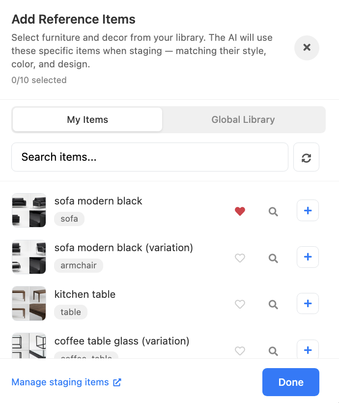 Add Reference Items selector showing My Items and Global Library tabs with search and heart icons