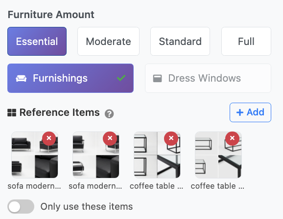 Close-up of the Reference Items section showing selected furniture items and Only use these items toggle
