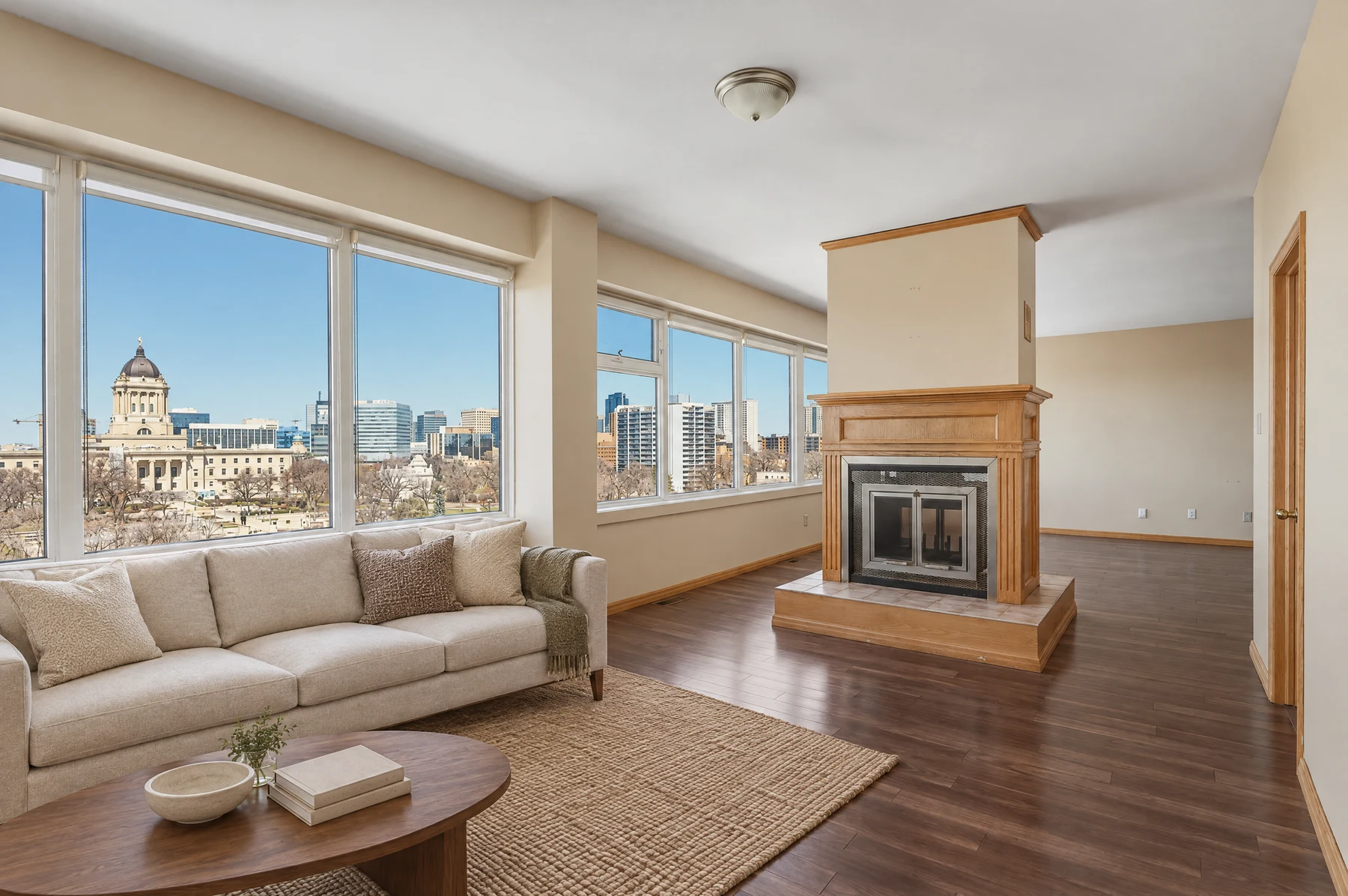 Open living room, matching view, staged with ListingAI Precision Fast